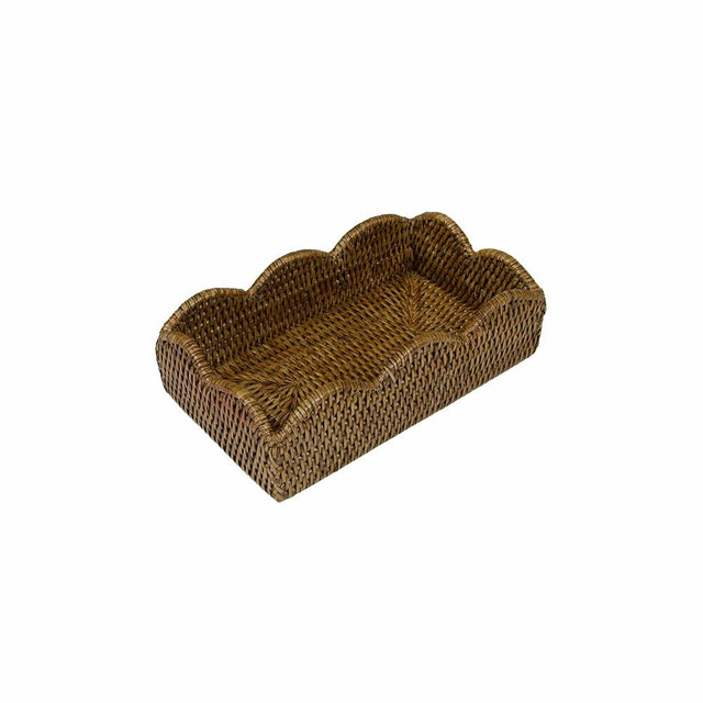 Caspari Rattan Scalloped Guest Towel Napkin Holder in Natural – Handwoven Rustic Organizer for Disposable Hand Towels – 9.5"x5.5"x2.5" – 1 Holder