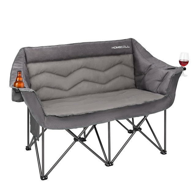 HOMECALL Oversized Double Camping Chair for Adults - Heavy Duty Folding Loveseat Support 700 lbs, Extra Wide 2 Person Camping Couch with Thick Padding, Cup Holders & Storage Bag, Grey