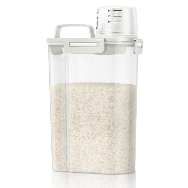 TBMax Rice Storage Container 3 to 5 Lbs - Small Pet Dog Cat Food Container Dispenser with Easy Pouring Spout & Cup, Portable Cereal Container for Small Spaces, Travel, or Daily Use -Beige