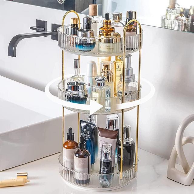 shuang qing Rotating Makeup Organizer for Vanity 3 Tier, High-Capacity Skincare Clear Make Up Storage Perfume Organizers Cosmetic Dresser Organizer Countertop 360 Spinning （Transparent white）