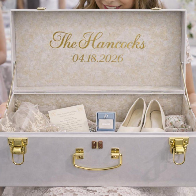 Personalized Embroidered Bridal Keepsake Trunk, Custom Wedding Memory Box | Monogrammed Bride Chest | Heirloom Storage with Fabric Lining |