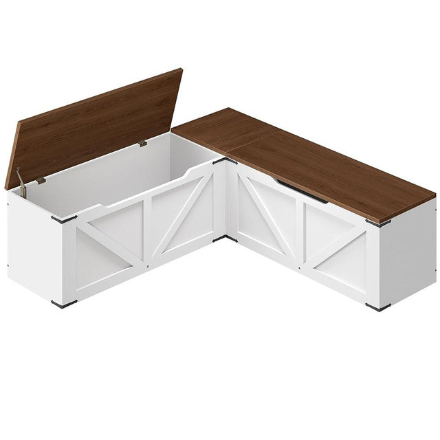 YATINEY L-Shaped Storage Bench, Storage Toy Chest with Hidden Compartments, Breakfast Nook Bench for Corner Spaces, Kitchen, Dining Room, Cloakroom, Walnut and White CW01WH