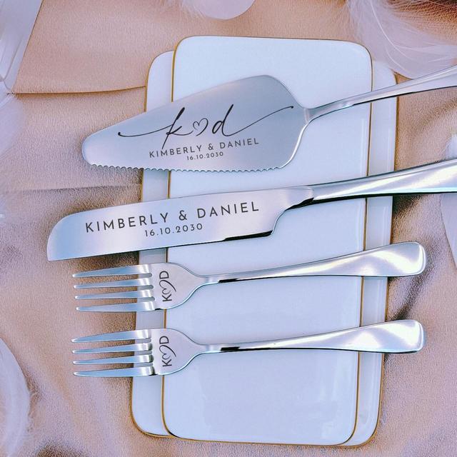 Personalized Cake Cutting Serving, Engraved Knife Server Forks, Bride And Groom Gift, Wedding Keepsake Ceremony Gift, Bridal Pastry Set