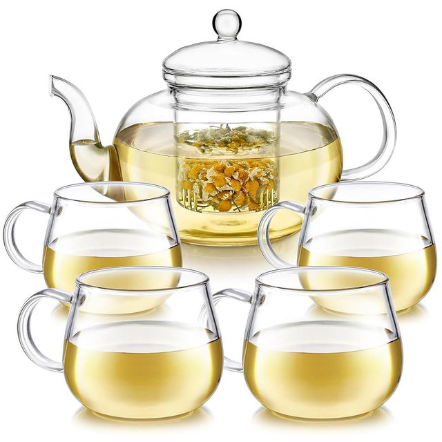 Teabloom Heatproof Glass Teapot Set with Removable Loose Tea Infuser (Standard Size: 32oz/946ml) and Four Borosilicate Glass Teacups (7oz/207ml) - Lead-free Complete Tea Set