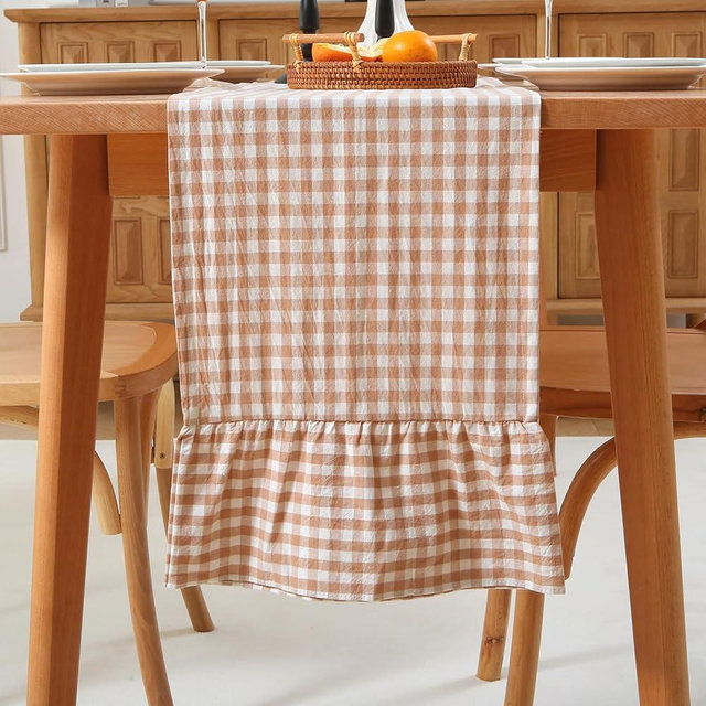 Taupe White Plaid Gingham Ruffle Table Runner 90 inches Long 100% Washed Cotton Decorative Farmhouse Cabinet Cover (Taupe, 90"x13")