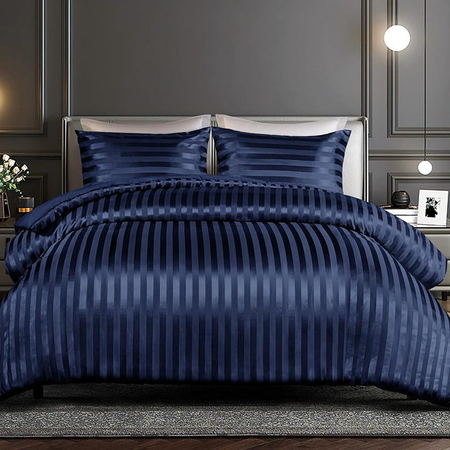 Whale Flotilla 3-Piece Reversible Silky Soft King Size Comforter Set, Luxury Stripe Satin Oversized Comforter Bedding Set with 2 Satin Pillowcases, Lightweight Duvet for All Seasons, Navy