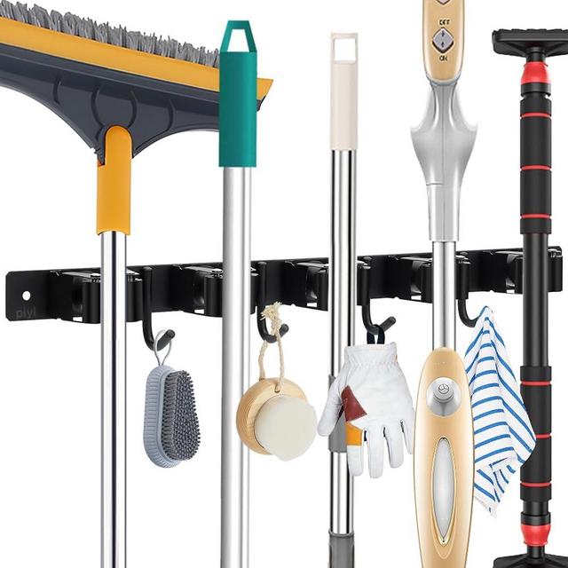 Piyl Mop and Broom Holder Wall Mount - 5 Racks and 4 Hooks Broom Hanger Mop Organizer Storage Tool Racks Stainless Steel Heavy Duty Utility Hooks for Home Kitchen Garden Laundry Garage Closet