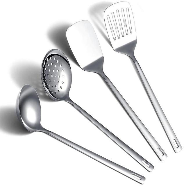 ReaNea Stainless Steel Kitchen Utensils Set 4 Pieces, Cooking Utensil Set Include Metal Spatula Set, Kitchen Skimmer, Soup Ladle, Kitchen Gadgets Kitchen Essentials New Home Must Have