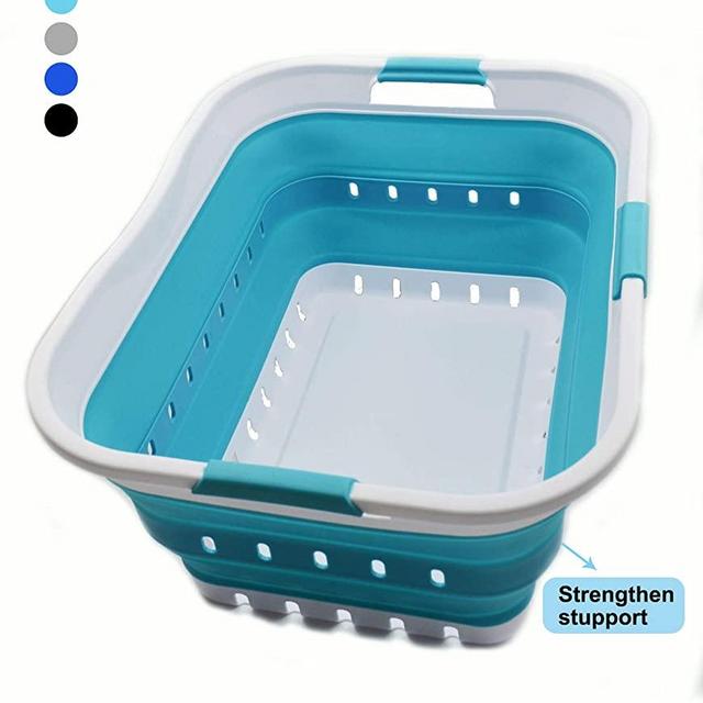 SAMMART Collapsible Plastic Laundry Basket - Foldable Pop Up Storage Container/Organizer - Portable Washing Tub - Space Saving Hamper/Basket (1, Whtie/Bright Blue)