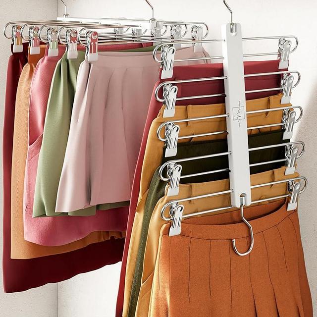 MORALVE Skirt Hangers Space Saving - European Beechwood Shorts Hangers & Skirt Hangers - Women Space Saving Skirt Hangers with Clips - Closet Organizers & Storage 5 Tier Skirt Hanger Skirt Organizer