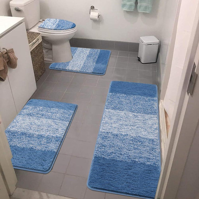 Bsmathom Bathroom Rugs Sets 4 Piece with Toilet Lid Cover,Non-Slip Bath Rugs for Bathroom, Microfiber Shaggy Absorbent Bath Rugs with U-Shaped Toilet Rug, Blue