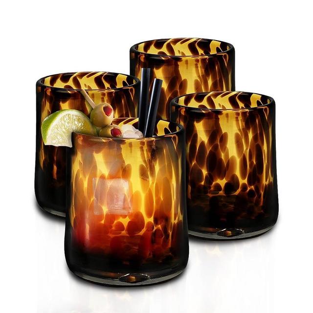 IMPULSE! Tortoise Leopard Print Brown 10 oz. Rocks Glasses, Set of 4 - Stylish Stemless Cocktail Cups Glass - Ideal Glassware Tumbler for Gin, Tequila, Vodka, Soft Drinks - 3.15 × 3.15 × 4.3 in