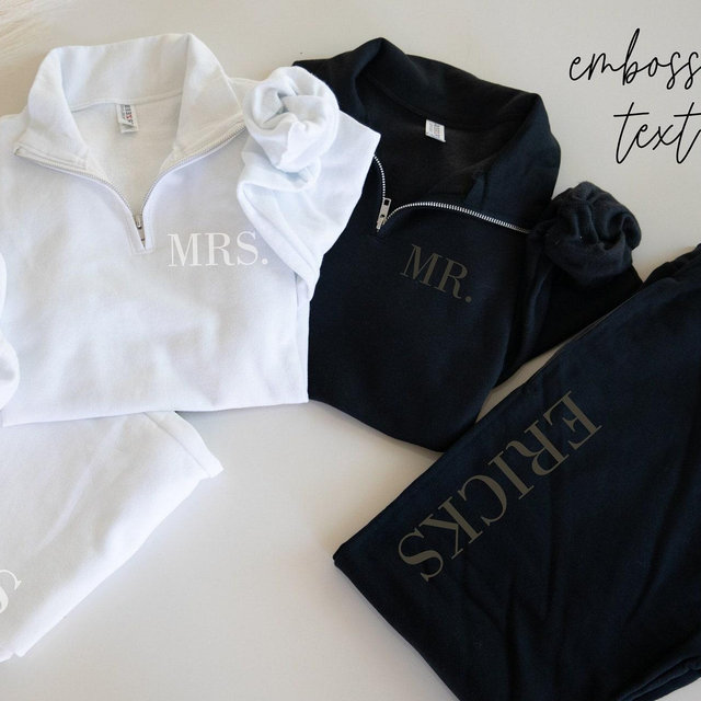 Embossed New Mrs. Bridal Gift Set Bride Sweatshirt Quarter Zip Sweats Honeymoon Outfit Personalized