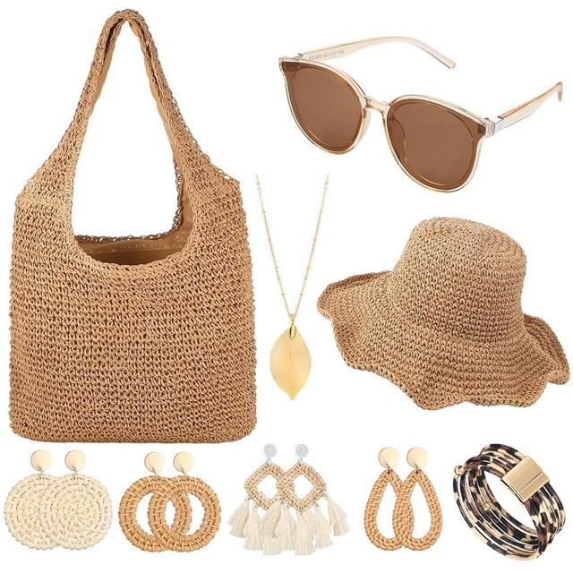 Bunnycool 9 Pcs Women Beach Tote Bag Boho Sun Straw Floppy Hat Summer Retro Round Sunglasses Rattan Earrings Long Leaf Pendant Necklace Leopard Bracelet for Women Girls Jewelry Vacation Accessories