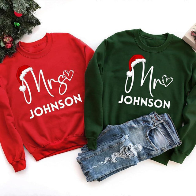 Personalized Handmade Mr and Mrs Matching Couples Christmas Sweaters, Christmas Couple Matching Pajamas, Husband and Wife Sweatshirts, Personalized Sweatshirt