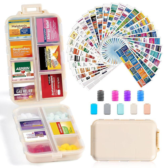 14 Grids Travel Pill Organizer Box with 415-Pcs Medicine Name Labels - Pocket Daily Pharmacy Case Container Kit - Travel Medication Holder Dispenser for Fish Oil Vitamin Supplement Storage - Khaki