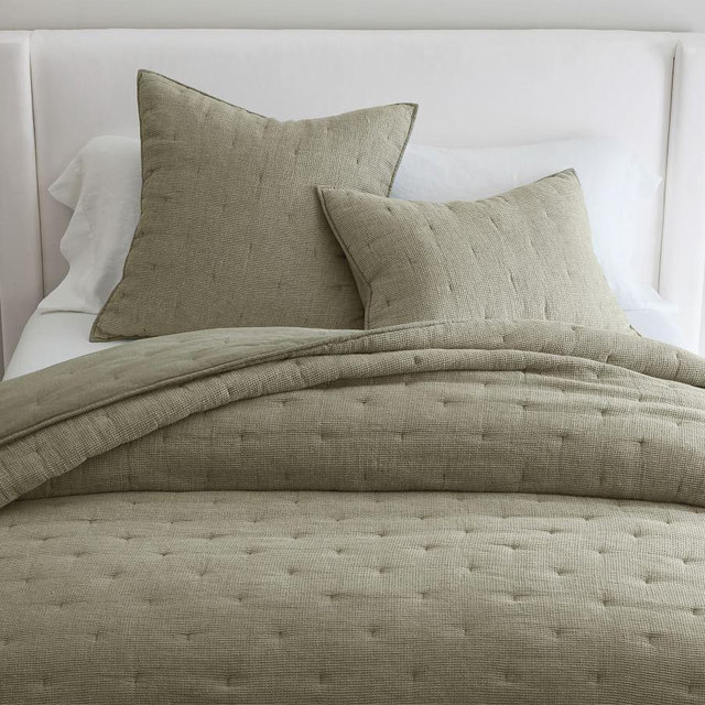 European Flax Linen Waffle Quilt, Eucalyptus, King/Cal. King