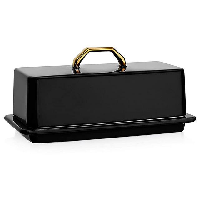 Sweese 327.112 Butter Dish with Lid for Countertop - Butter Dish with Gold Handle, Butter Dishes with Covers for 4oz East West Coast Butter - Dishwasher Safe, Black
