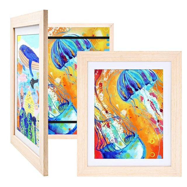 KINLINK 10x12.5 Kids Art Frames Set of 2, Solid Wood Kids Artwork Frames Changeable with Acrylic Front Opening Holds 150 Pictures, Art Frames for Kids Artwork with Mat or without Mat, Natural