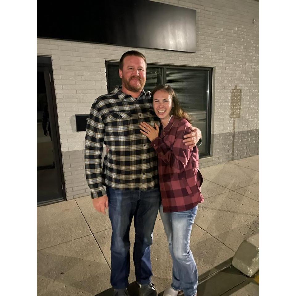 Right outside of our favorite restuarant in Des Moines, when Mitchell proposed. A really nice couple saw the whole thing and asked that they take our picture, which I'm so glad they did.