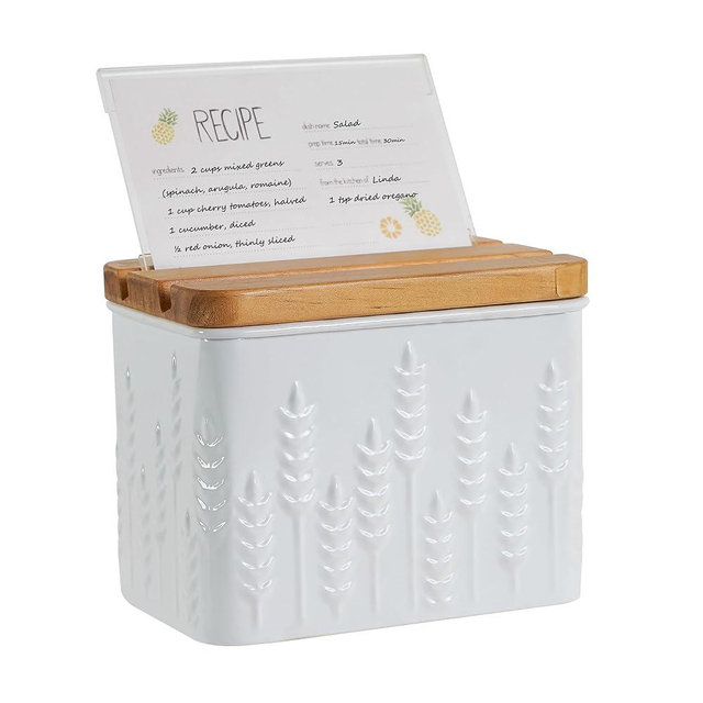 HOME PALETTE Recipe Box with Cards and Dividers Set 4x6 Recipe Holder for Kitchen Counter Metal White Ear of Wheat Pattern Embossed Recipe Card Box with Wooden Grooved Lid