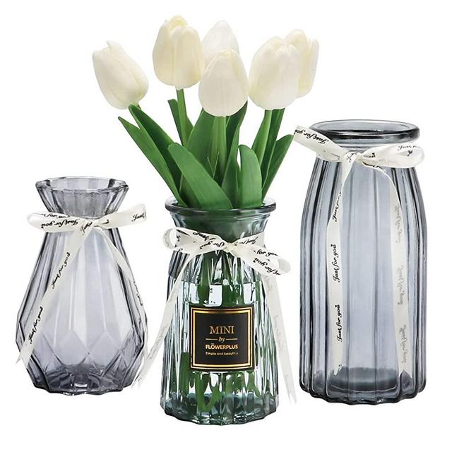 BIGIVACA Glass Vase for Flower,Set of 3 Modern Angled Style Glass Flower Vases,Simple Grey Vases for Wedding Centerpieces,Home Decor,Office.Include 1 Sticker and 1 Ribbon.