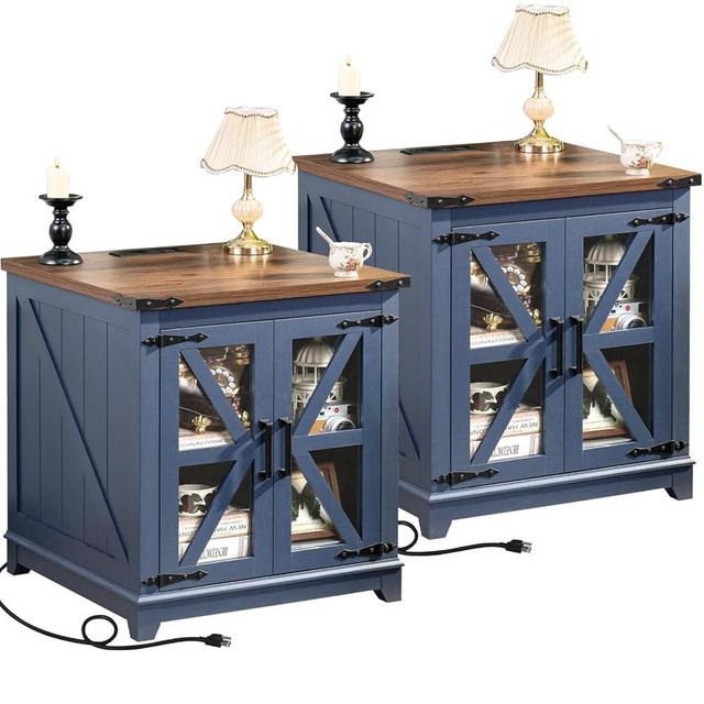 Joaxswe Farmhouse End Table with Charging Station Set 2, 24" Large Sofa Side Table with Glass Barn Door, Blue Nightstand with Adjustable Storage Shelf,Wood Square Bedside Table for Living Room,Bedroom