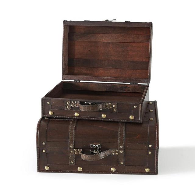 Wood and Leather Treasure Chest Boxes - Set of 2: Wooden Boxes with Hinged Lids, Vintage Suitcase Décor, Storage Trunk for Organizing, Pirate Treasure Chests, Decorative Photo Props (Bentley)