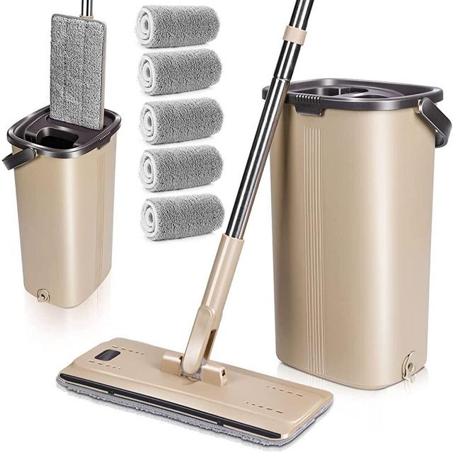 OZD Flat Mop and Bucket System, Hands Free Floor Mop and Bucket with Wringer Set, Innovative Twin Chamber Bucket for Wet and Dry Use, Suitable for All Floor Types, 6 Reusable Microfiber Pads Included