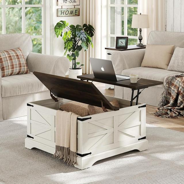 furomate Farmhouse Square Coffee Table, Wood Lift Top Coffee Table with Large Hidden Storage Compartment for Living Room, Rustic Cocktail White Center Table with Hinged Lift Top,Brown