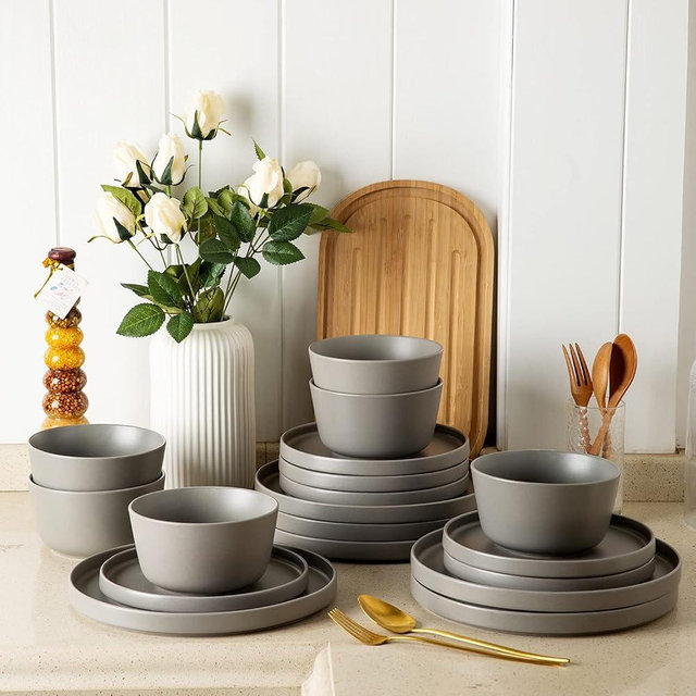 AmorArc Ceramic Dinnerware Sets of 4, Modern Flat Stoneware Plates and Bowls Sets,Chip and Crack Resistant | Dishwasher & Microwave Safe Dishes Set,Scratch Resistant- Service for 4 (12pc)-Matte Gray