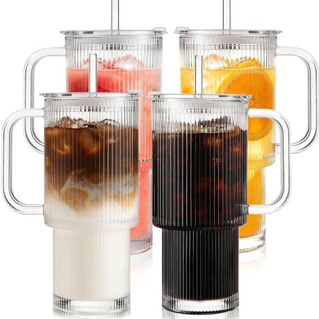 Iced Coffee Cups with Lids: Coffee Bar Accessories - Ribbed Glass Tumbler with Straw and Lid 4 Pack - 24oz Tumbler Leak Proof - Glass Cups and Tumblers with Lid and Straws - Coffee Tumbler with Handle