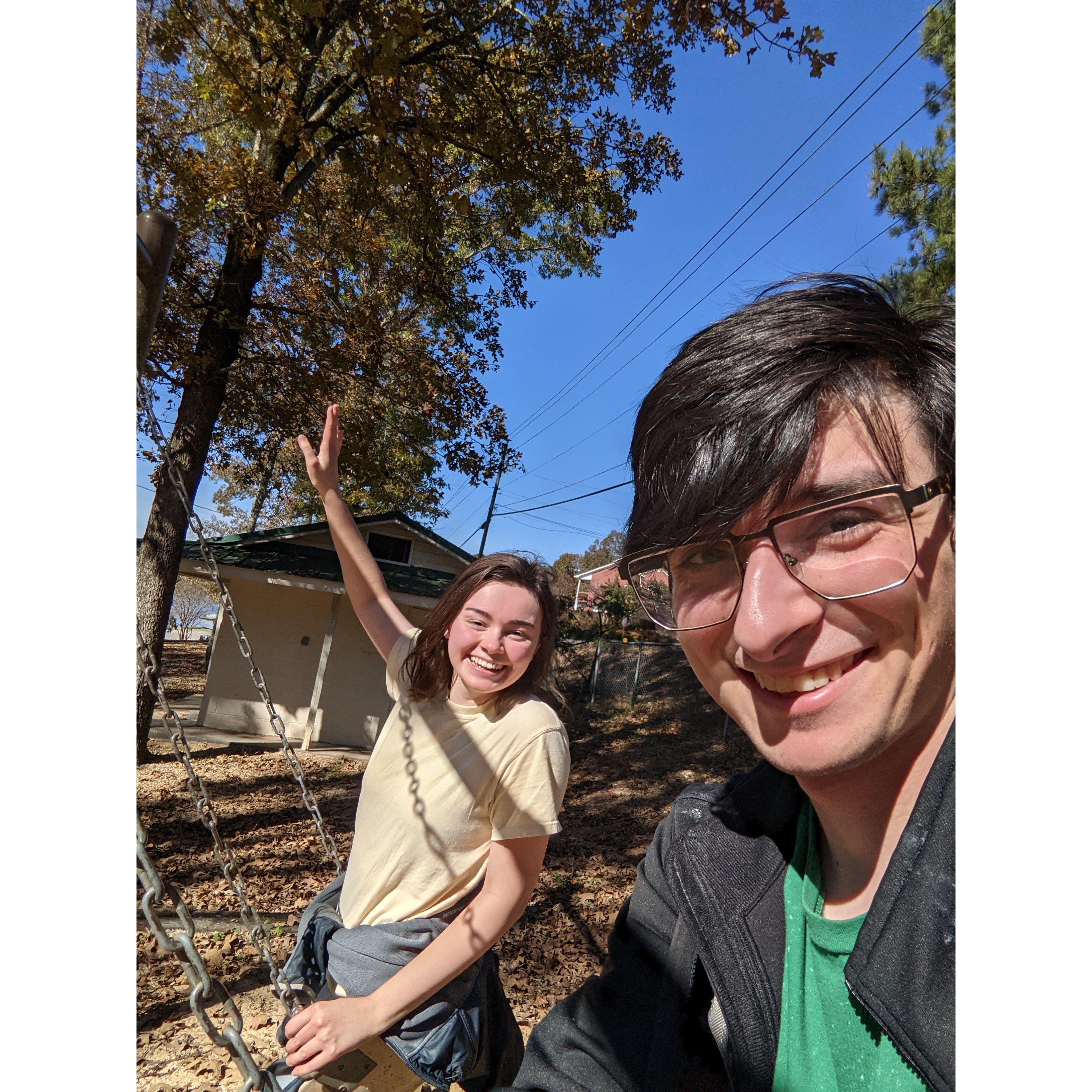 Stopped at a playground while out on a walk in Tess's neighborhood.