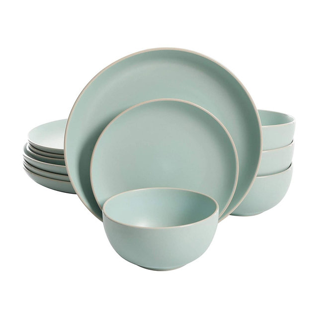Gibson Rockaway Coupe 12 Piece Durable Matte Glaze Stoneware Dinnerware Set with Plates and Bowls, Microwave and Dishwasher Ready, Teal