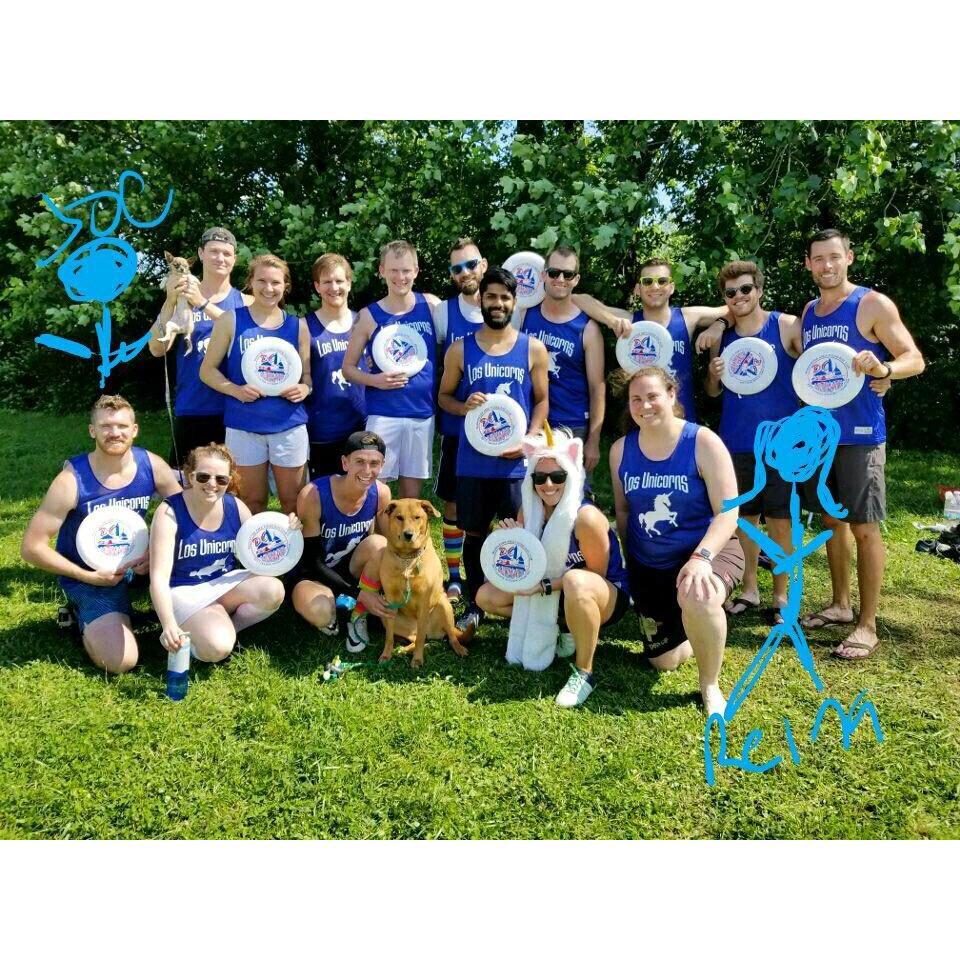 WAFC Spring champions with our frisbee team, Los Unicorns!