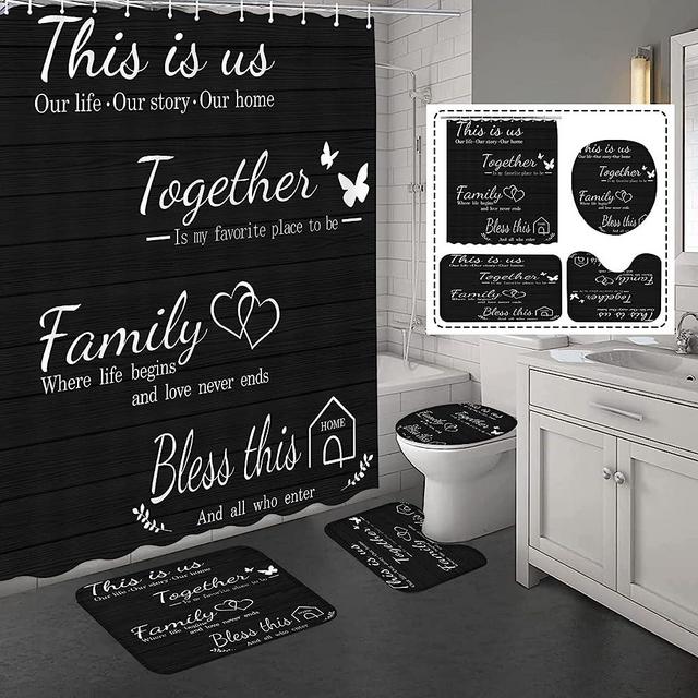 juwute 4Pcs Family Shower Curtain Sets with Non-Slip Rugs, Toilet Lid Cover and Bath Mat, Black Home Bathroom Decor Set Accessories Waterproof Shower Curtains with 12 Hooks, 72 x 72 Inch