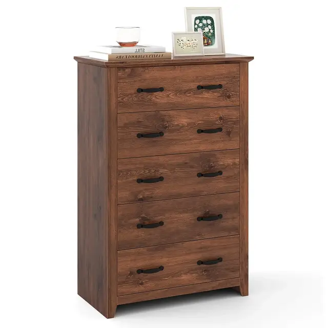 Costway 5 Drawer Chest Storage Dresser Tall Cabinet Organizer Bedroom Hallway Walnut