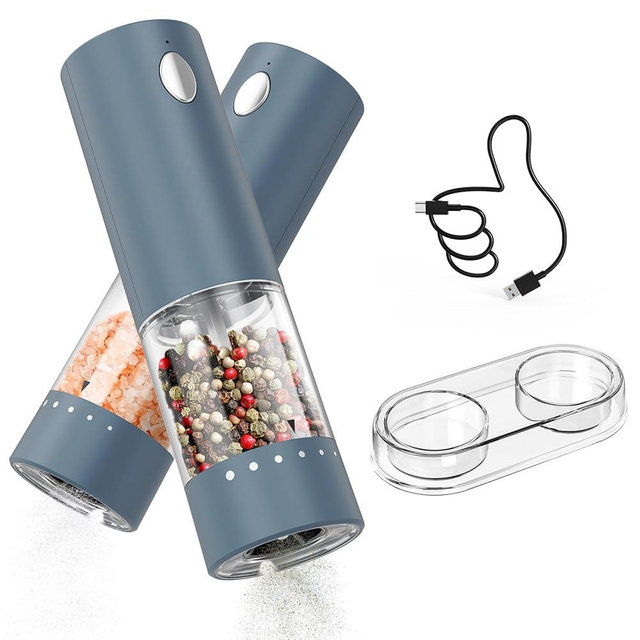 CIRCLE JOY Electric Salt and Pepper Grinder Set Rechargeable Salt and Pepper Mills with Storage Base, Adjustable Coarseness and LED White Light, Washable 95ml Container, Blue