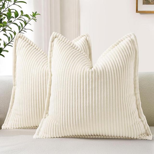decorUhome Corduroy Cream White Throw Pillow Covers 18x18 Set of 2 Decorative Soft Striped Couch Neutral Farmhouse Pillow Covers with Broadside for Living Room Bed Sofa