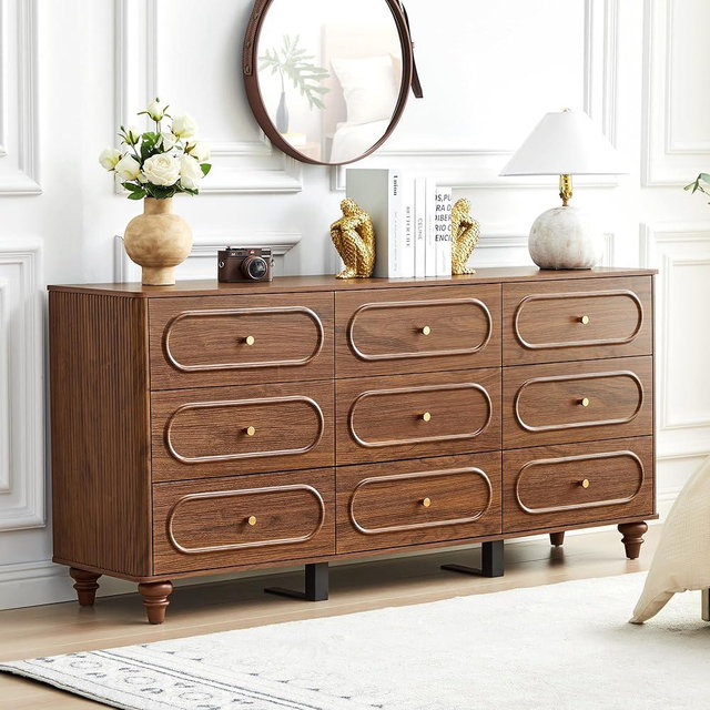 ORRD 9 Drawer Fluted Dresser for Bedroom, Mid Century Modern Chest of Drawers, Wood Storage Small Dresser Organizer for Bedroom Living Room Hallway Closet, Walnut