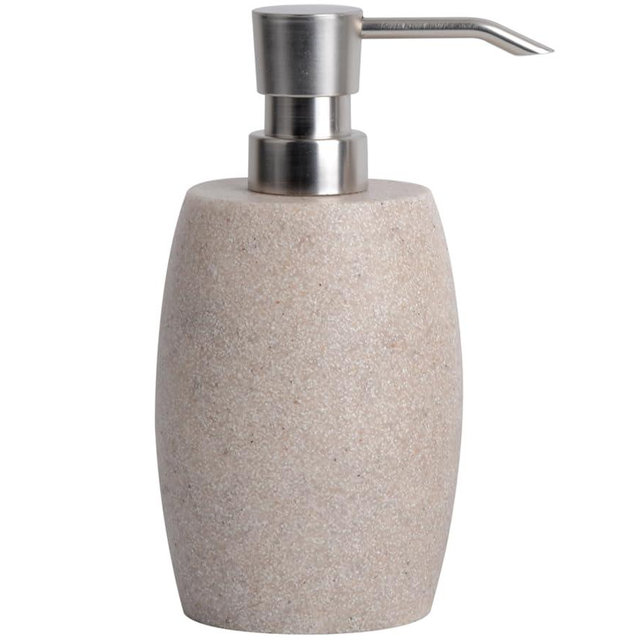 Clasin Home Sandstone Textured Resin Soap Dispenser with Metallic Pump and Waterproof Bottle Labels for Bathroom Kitchen Dish Hand Wash Shower Lotion Shampoo, 12 Oz, Beige