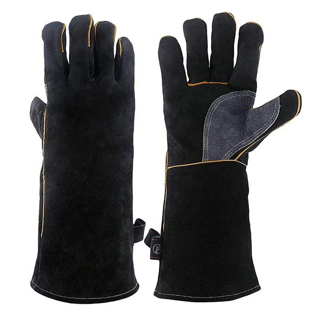 KIM YUAN Extreme Heat/Fire Resistant Gloves Leather with Kevlar Stitching, Mitts Perfect for Welding/Oven/Grill/BBQ/Mig/Fireplace/Stove/Pot Holder/Tig Welder/Animal Handling (16black)