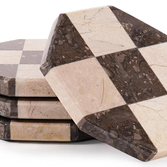 EarthenTones Marble Coasters Set of 4, Oceanic & Verona Handmade 4 inch Star Stone Coaster, Decorative Checkered Cup Coaster for Coffee Table, Housewarming Gift & Luxury Kitchen Accessories