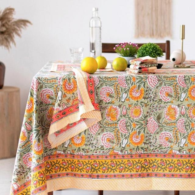 Floral Hand Block Printed Rectangle Tablecloth - 12 Seater, Tablecloth only