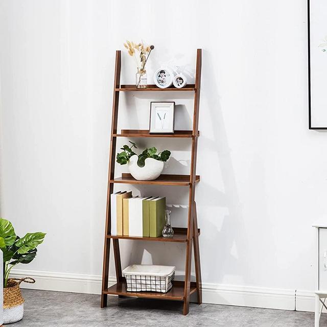 Maydear Bamboo Ladder Shelf, 5-Tier Trapezoid Bookshelf, Storage Rack Shelves, Wall Shelf Flower Stand, for Living Room, Kitchen, Office, Balcony
