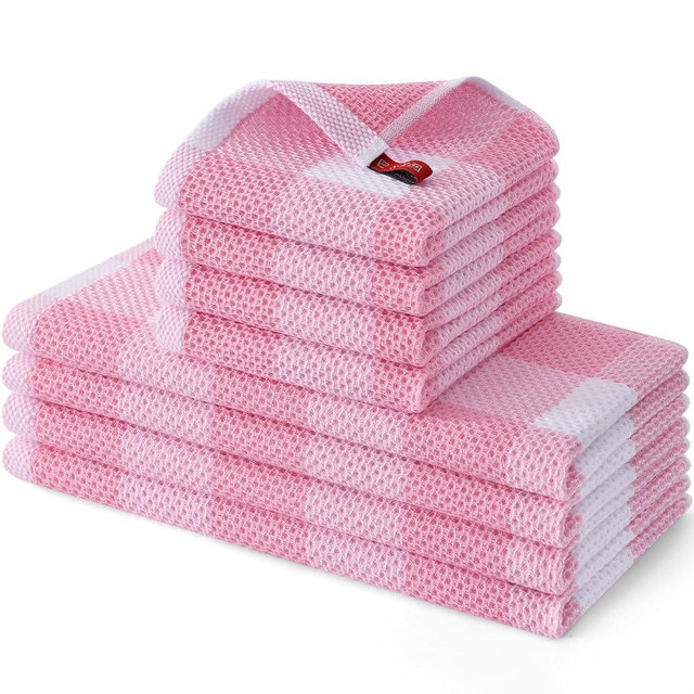 Homaxy Kitchen Towels and Dishcloths Set, 12 x 12 and 13 x 28 Inches, Set of 8 Bulk Cotton Waffle Weave Check Plaid Kitchen Towels, Super Soft and Absorbent Dish Towels, White & Pink