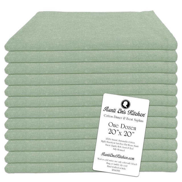 Aunti Em's Kitchen Sage Green Cotton Napkins Cloth 20 x 20 Oversized 100% Natural Bulk Linens for Dinner, Events, Weddings, Set of 12