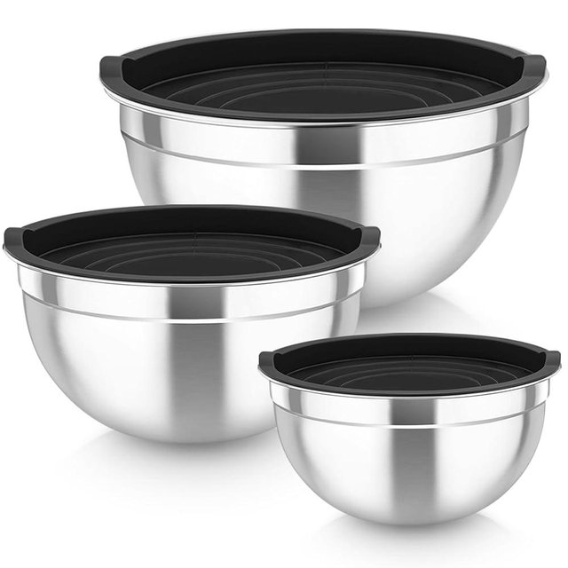 TeamFar Mixing Bowls, 4.6/3 / 1.5 QT, Stainless Steel Nesting Salad Bowls with Airtight Lids Set, For Serving/Mixing/Storing, Healthy & Long-lasting, Dishwasher Safe & Easy Clean, Black