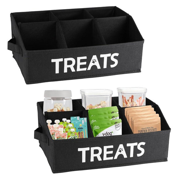 Brabtod 2pack Dog Storage Organizer,Dog Treat Container Bin for Countertop,Collapsible Cat Treats Container with Dividers,Dog Treats Station for Treats Stick/Canned Food/Bagged Snacks-Black
