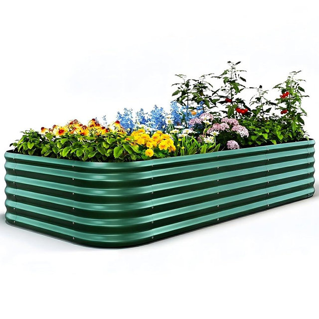 Quictent Galvanized Raised Garden Bed Kit, 8x4x1.5 ft Oval Metal Planter Box Tall for Vegetables Outdoor Backyard, Strengthened by Crossbar, Dark Green